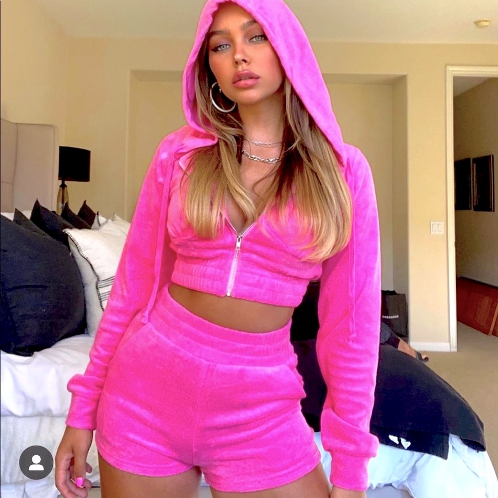 Turquoise Velour Two-piece Crop Top Short Set